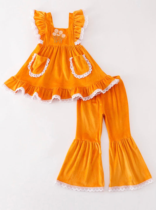 Orange Velvet Flower Girl Pant Set