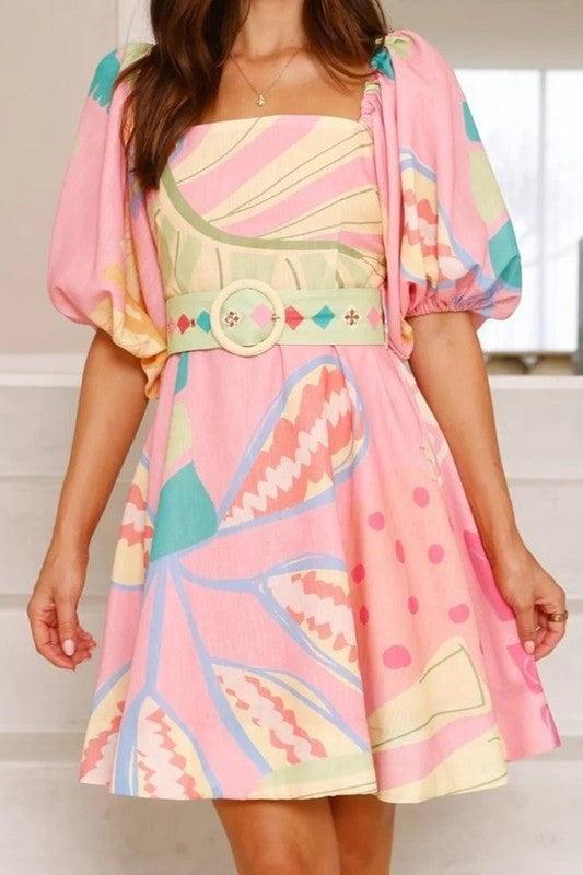 Belted puff sleeve dress