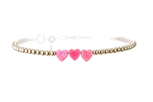 TRIPLE HEART OPAL BRACELET: Hot Pink / 14KG Filled / Stretchy 6.5"