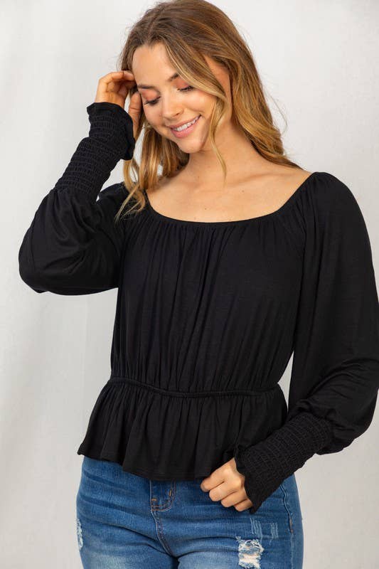 Long Sleeve Solid Knit Top: Black