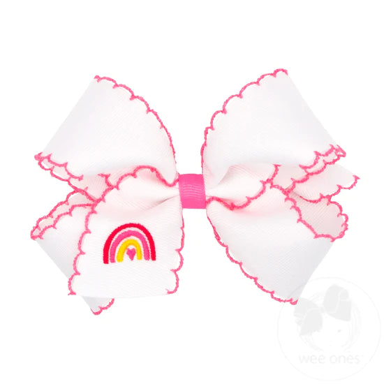 Pink Moonstitch Embroidered Rainbow Heart Girls Hair Bow