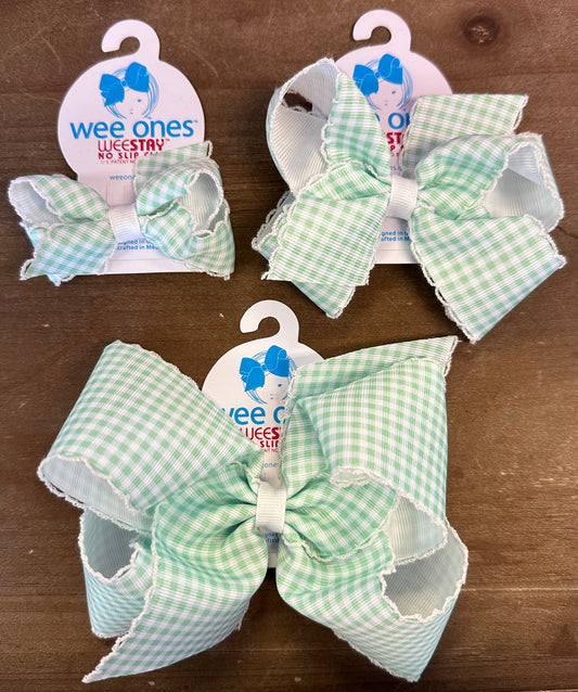 Mint King Gingham Print Grosgrain Girls Hair Bow With Moonstitch Edge