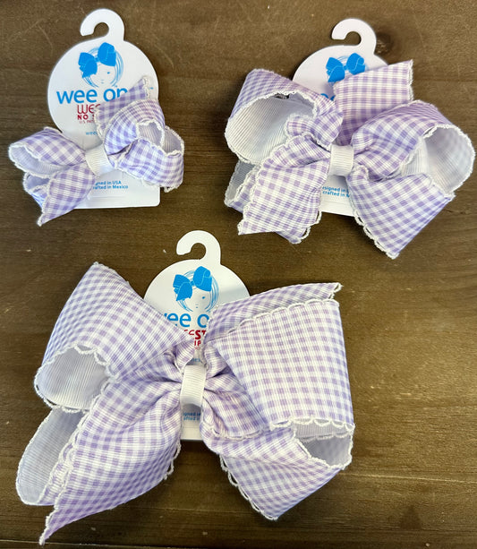 Purple King Gingham Print Grosgrain Girls Hair Bow With Moonstitch Edge